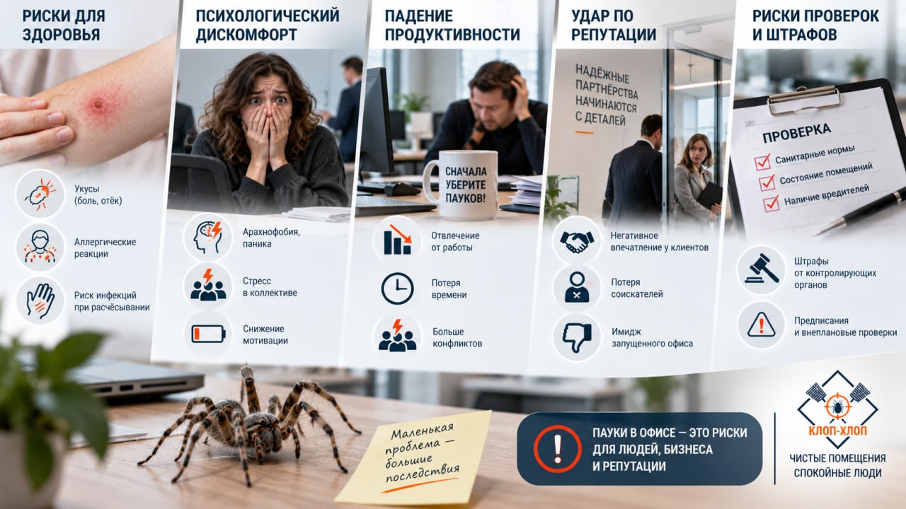 Чем опасны пауки для сотрудников и репутации офиса: укусы, аллергия и психологический дискомфорт